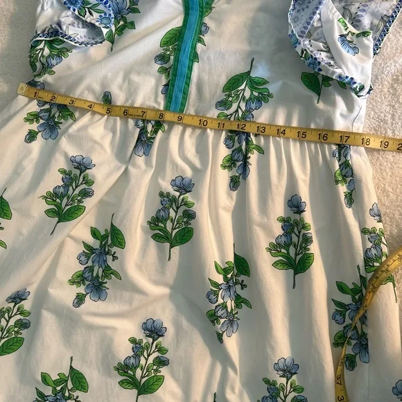 entro White Midi Dress with Blue Floral Print and Green Trim - Picture 13 of 16